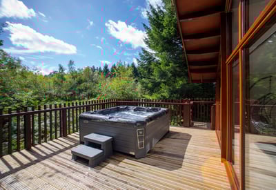Hot tub on decking outside cabin surrounded by woodland on a sunny day