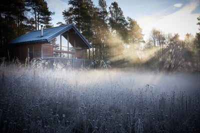 A cabin at Keldy, NorthYorkshire, Forest Holidays on a crisp winter's day