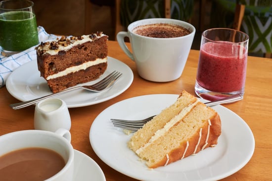 Cake, coffee, tea and smoothies on a table