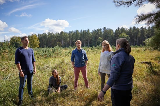 A group taking part in a Forest Bathing experience at Forest Holidays
