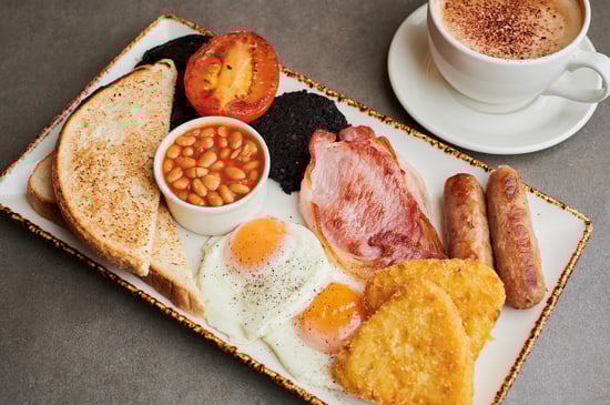 Flatlay photo of a traditional breakfast and coffee