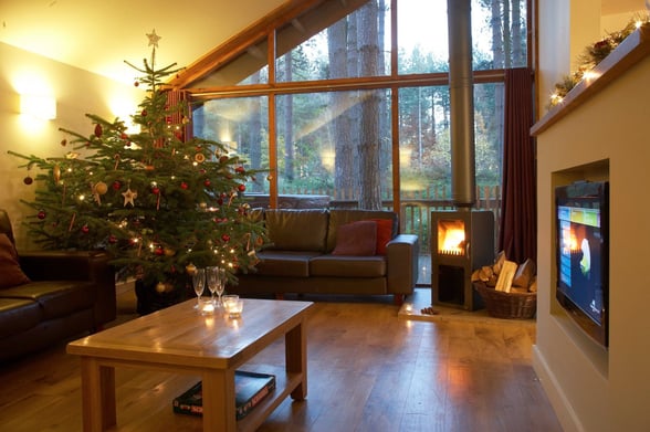 Christmas tree inside the log cabin at Forest Holidays