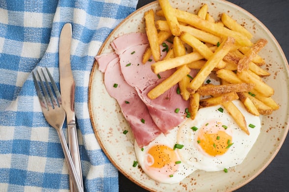 Flatlay photo of ham, egg and chips
