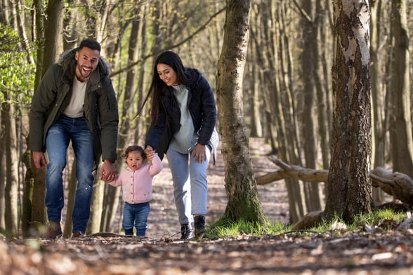Young family exploring the forest