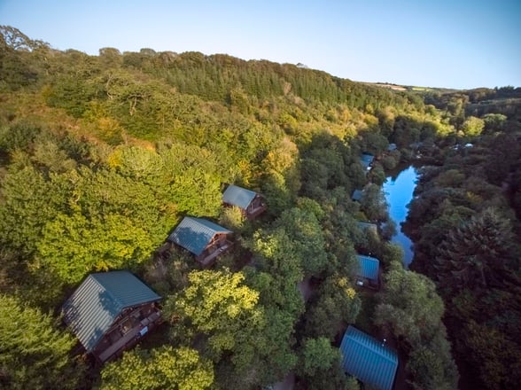 Aerial view of the hot tub cabins at Deerpark, Forest Holidays