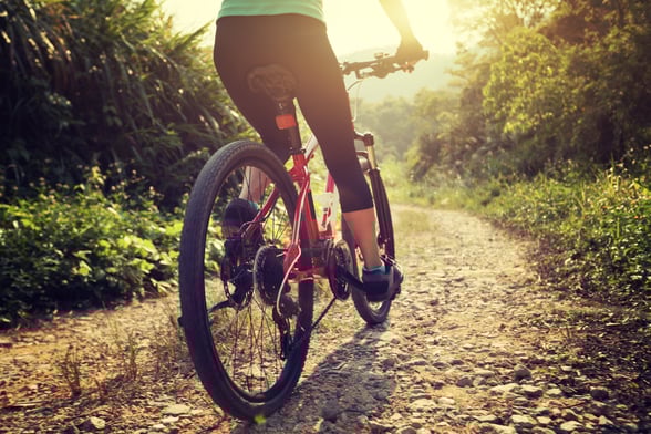Woman mountain biking on a forest path