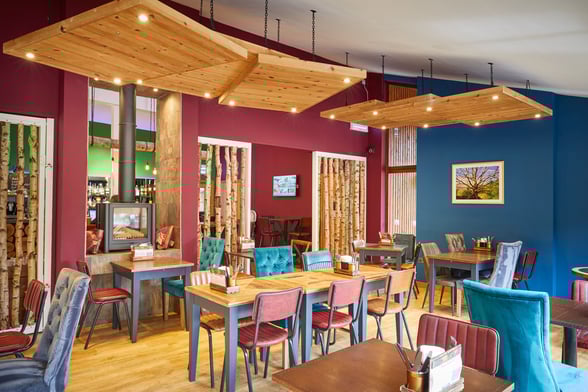 Cafe area inside the Forest Retreat a Thorpe Forest, Forest Holidays