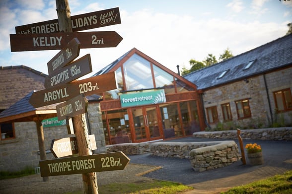 Totem pole directing to all Forest Holidays locations across the UK