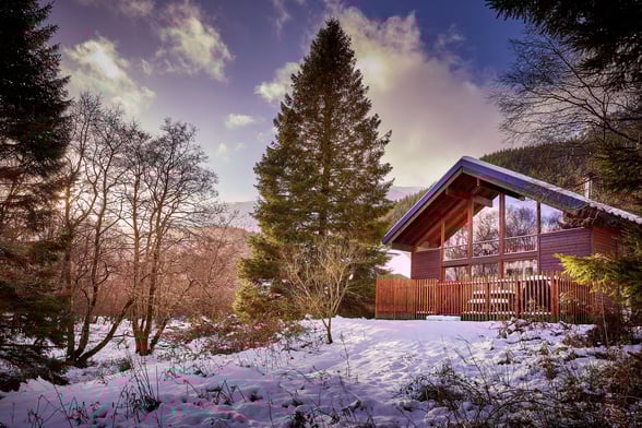 Forest Holidays cabin in the winter in Strathyre, Scotland