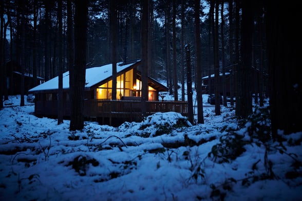 Forest Holiday cabin in the winter in Sherwood Forest, Nottinghamshire