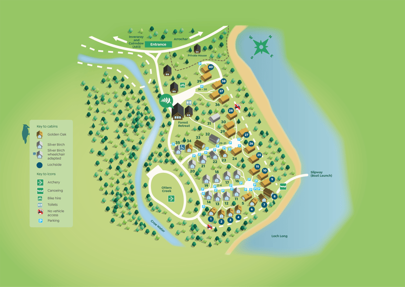 Map of location at Ardgartan Argyll, Scotland. Amenities: Archery, Bike Hire, Canoeing, Children's Play Area, In-Cabin Spa.