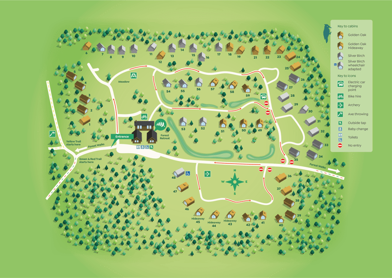 Map of location at Cropton, North Yorkshire. Amenities: Electric Vehicle Charging, Bike Hire, Archery, Children's Play Area, In-Cabin Spa.
