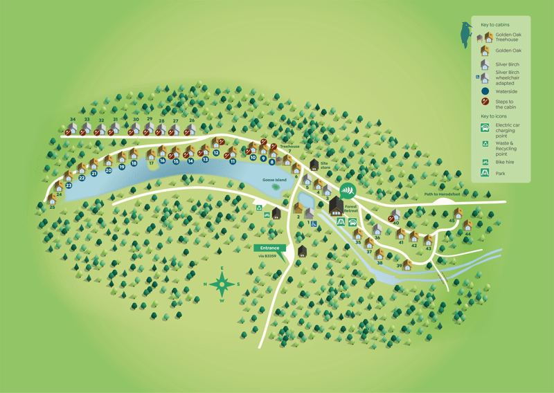 Map of location at Deerpark, Cornwall. Amenities: Electric Vehicle Charging, Bike Hire, Children's Play Area, In-Cabin Spa.