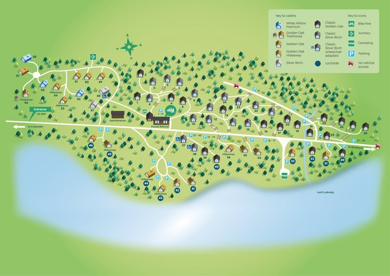 Map of location at Strathyre, Scotland. Amenities: Canoeing, Archery, Bike Hire, Children's Play Area, In-Cabin Spa.