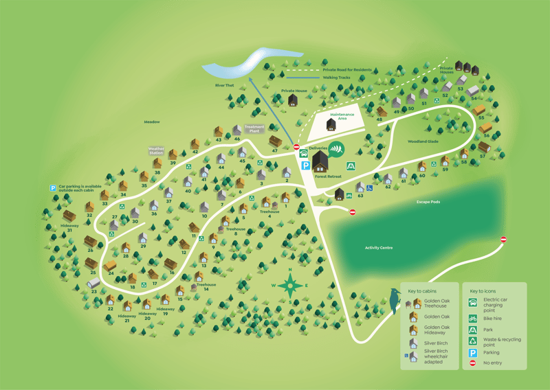 Map of location at Thorpe Forest, Norfolk. Amenities: Electric Vehicle Charging, Bike Hire, Children's Play Area, In-Cabin Spa.