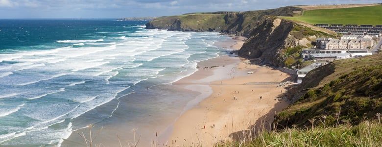 Landscape of Watergate Bay beach in Cornwall 
