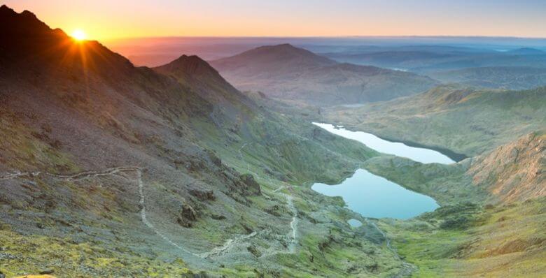 Birds eye sunset of Snowdonia