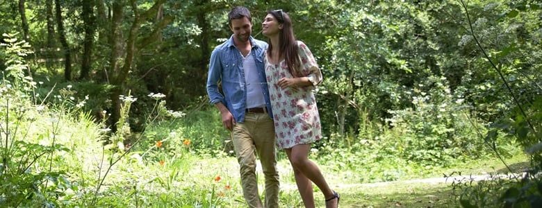 Couple walking through the forest