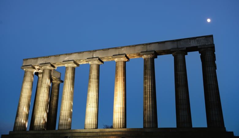 National Monument of Scotland illuminated by a spotlight