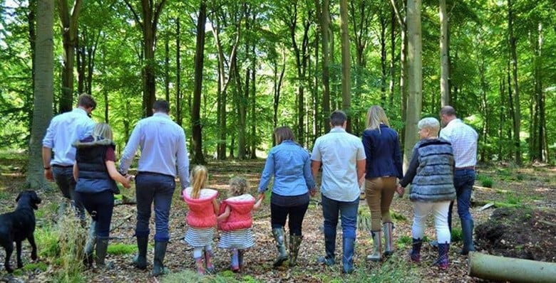 Group walking hand in hand through the forest together 