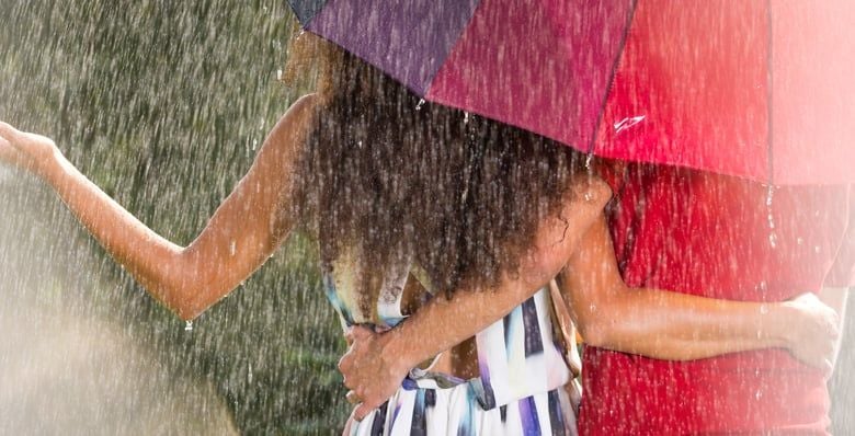 Couple standing under an umbrella in the rain