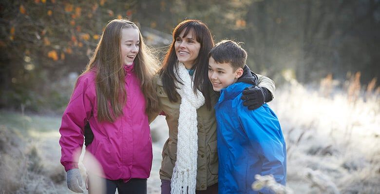 Family wrapped up for a winter walk in the forest