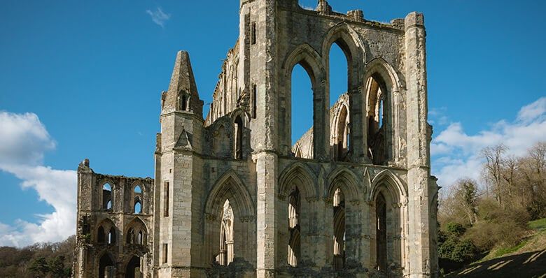 Sunny view of Rievaux Abbey ruins