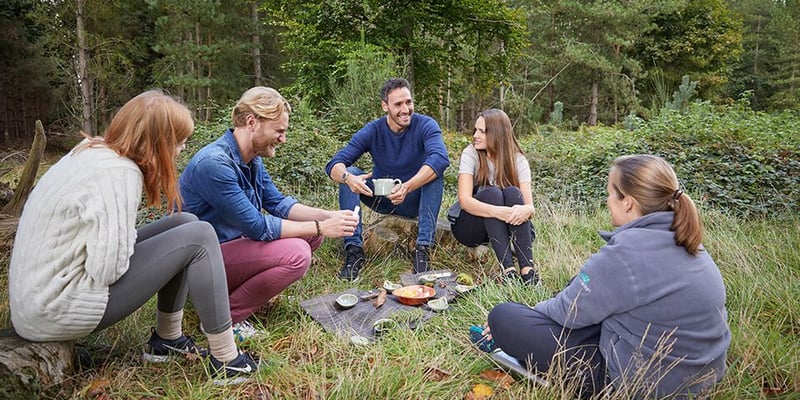 A group enjoying a Forest Bathing session led by a Forest Holidays Forest Ranger